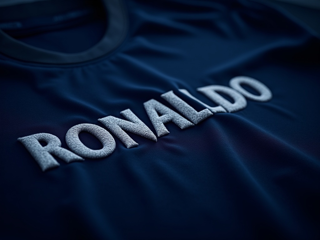 Gros plan sur des lettres de flocage thermocollé RONALDO sur maillot de foot bleu marine