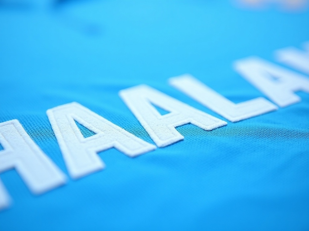 Gros plan sur les lettres du flocage Haaland thermocollé sur tissu de maillot de foot