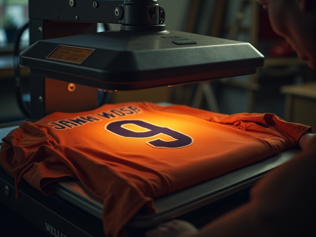 Presse thermique appliquant un numéro de flocage sur un maillot de foot dans un atelier