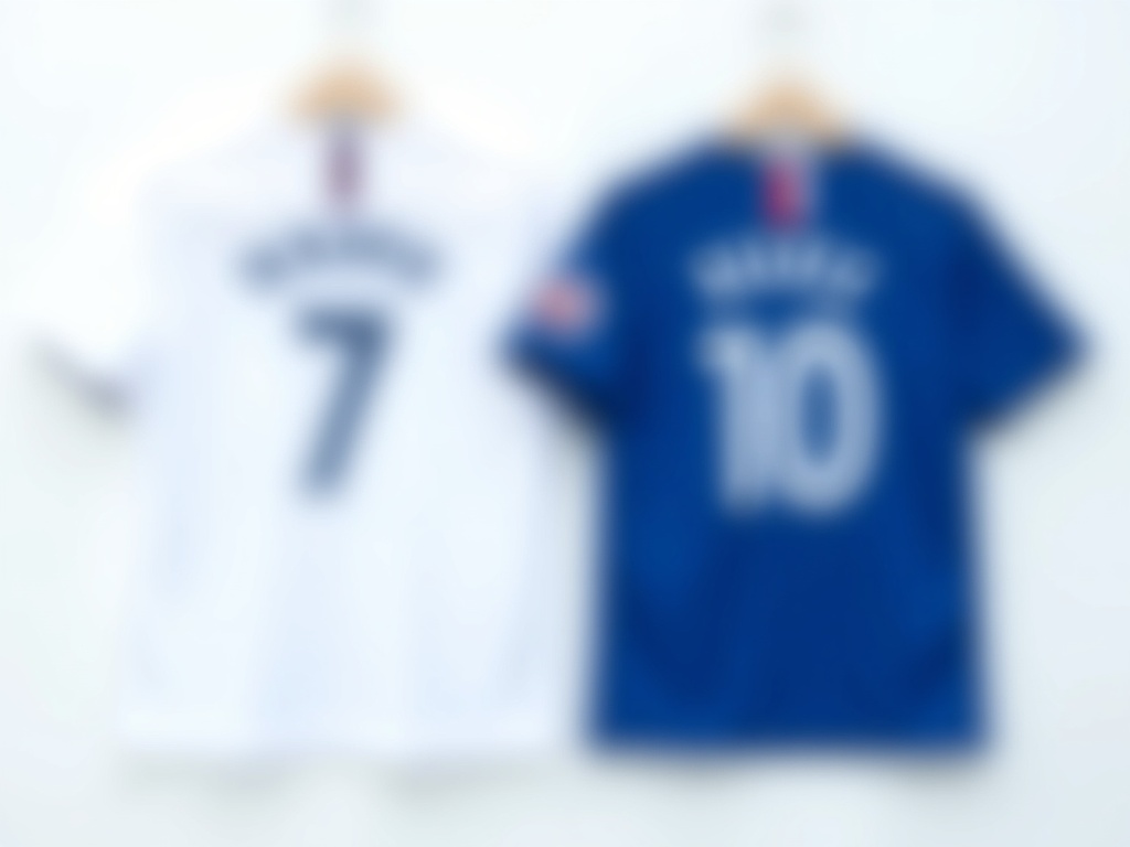 Maillots de foot flocage Mbappé numéro 7 Real Madrid et numéro 10 Équipe de France côte à côte
