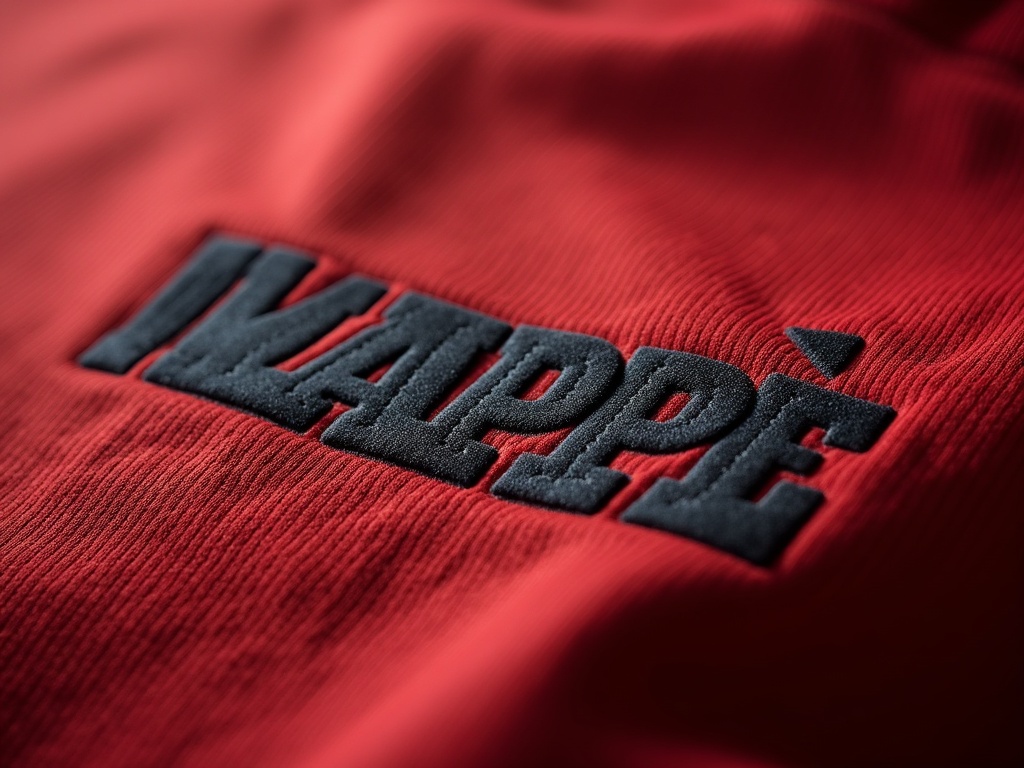 Gros plan sur les lettres d'un flocage Mbappé thermocollant officiel sur maillot de foot, détail de la texture et des bords