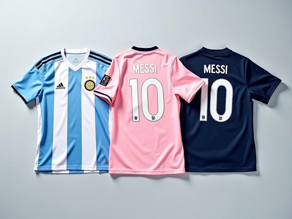 Trois maillots de foot floqués Messi côte à côte : Argentine, Inter Miami et PSG