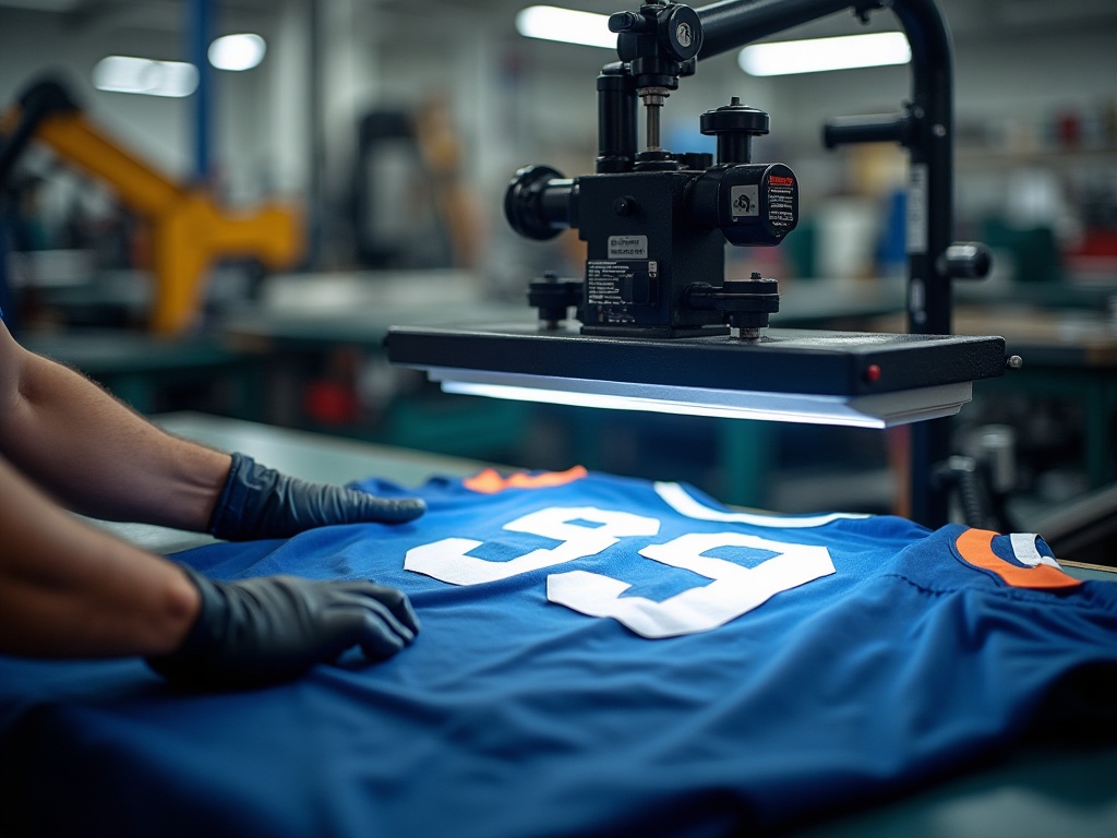 Atelier de flocage professionnel appliquant un lettrage sur un maillot de foot