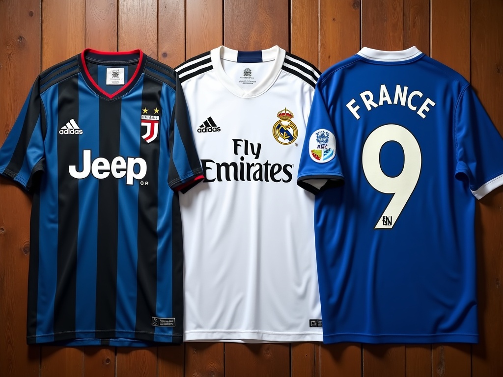 Trois maillots de foot iconiques avec flocage numéro dans le dos, Juventus Bordeaux Real Madrid