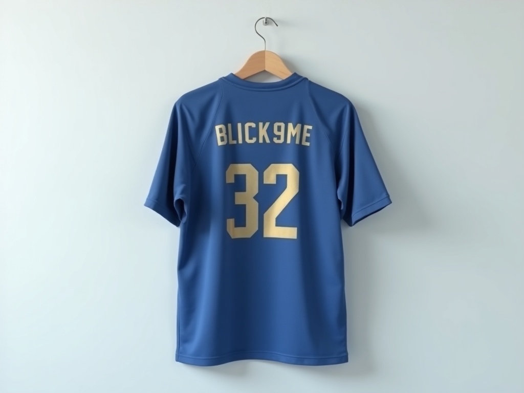 Maillot de foot bleu avec flocage nom et numéro en or, vue dos sur cintre