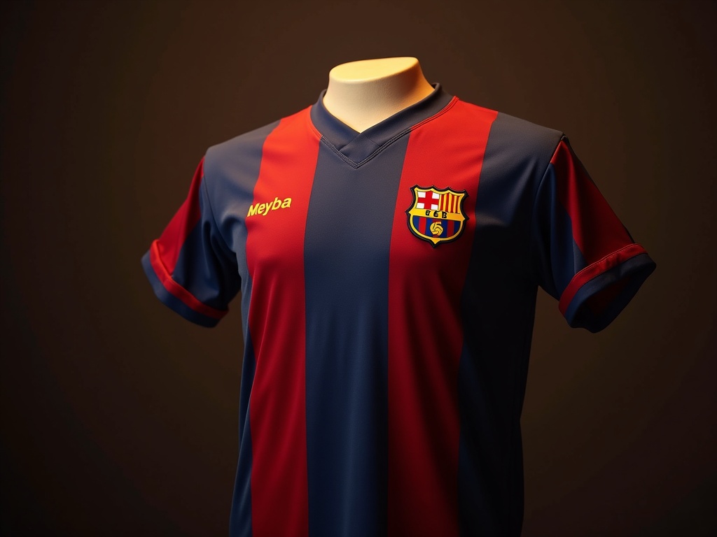 Maillot FC Barcelone années 1970 équipementier Meyba, rayures bleu et grenat