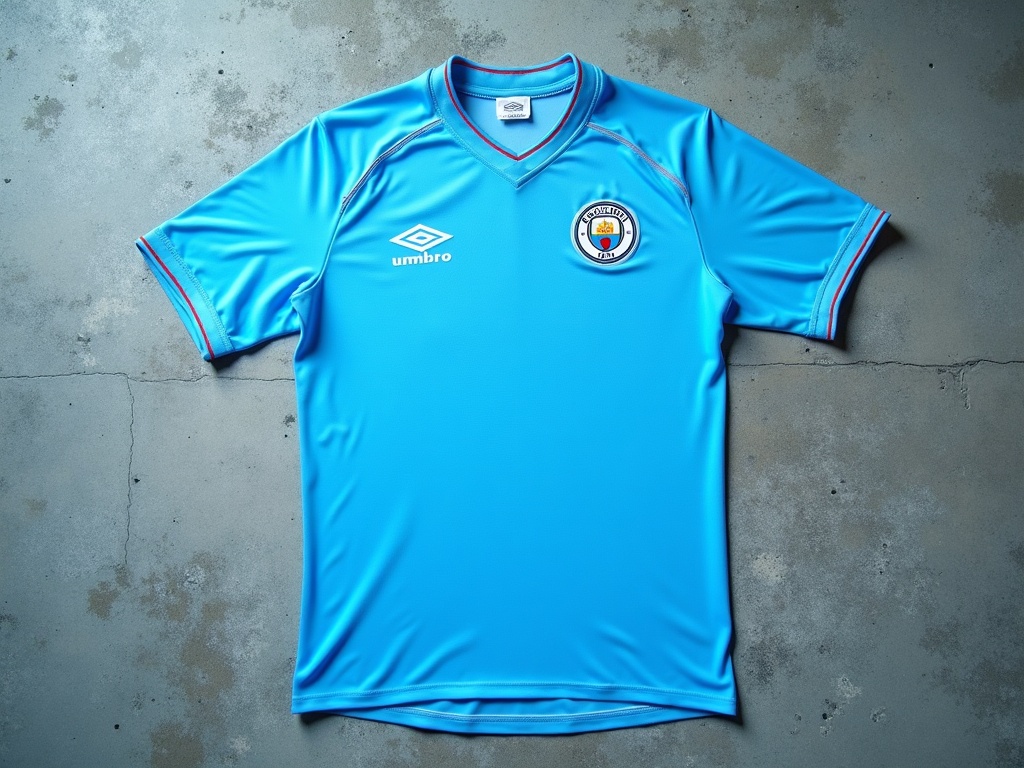 Maillot Manchester City années 1990 Umbro bleu ciel sur fond béton
