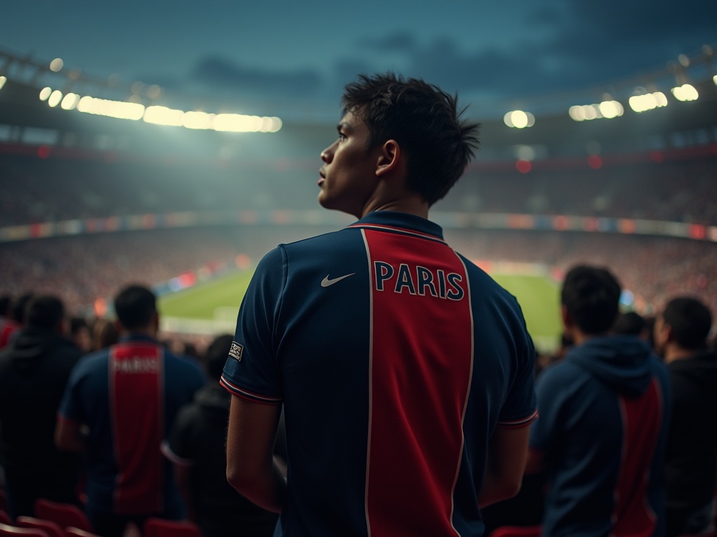 Supporter du PSG portant un maillot de foot Nike PSG vintage au Parc des Princes
