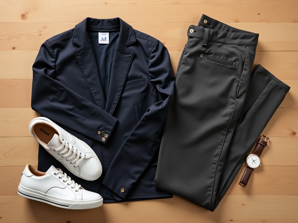 Tenue bureau avec maillot de foot : maillot marine, blazer, chino et sneakers
