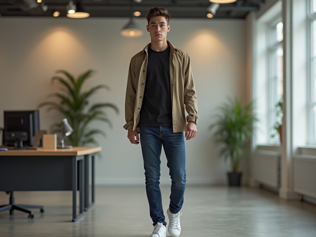 Maillot de foot porté sous une overshirt kaki au bureau style smart casual