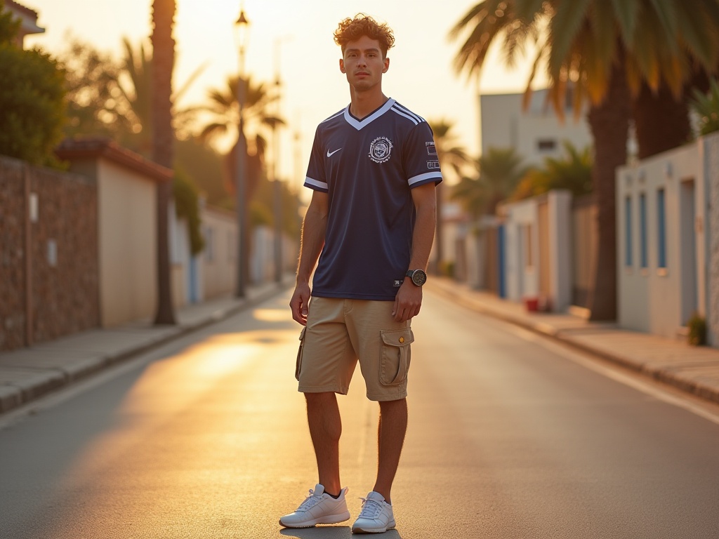 Porter un maillot de foot en ville en été avec un short cargo et des sneakers