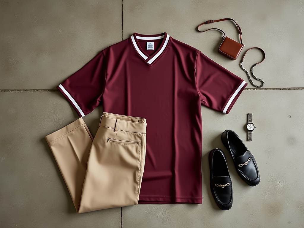 Tenue soirée composée d'un maillot de foot rétro bordeaux avec pantalon beige et loafers noirs