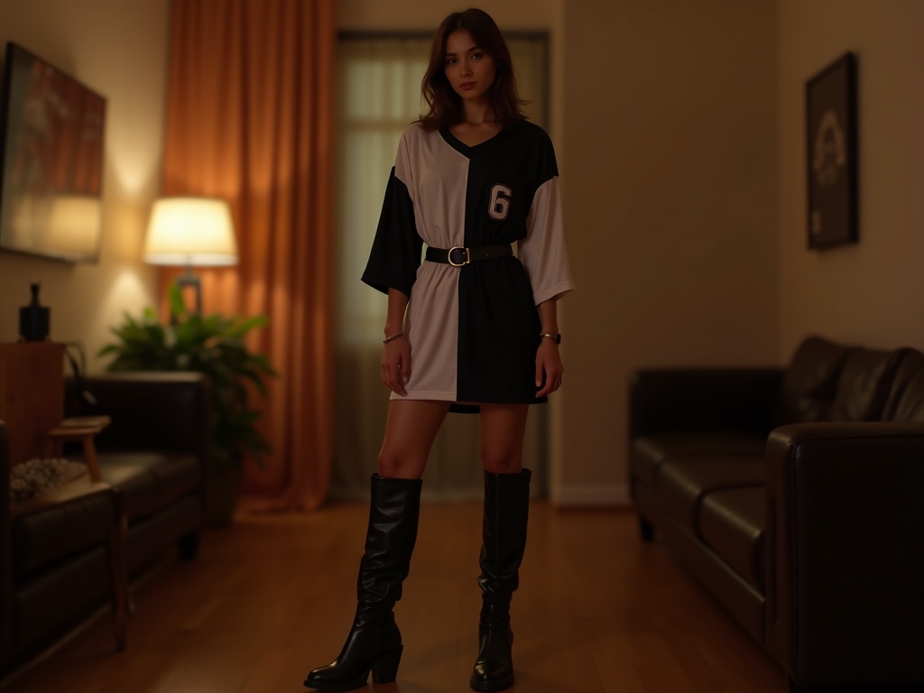Femme portant un maillot de foot oversize comme robe courte ceinturée avec des boots Chelsea pour une soirée