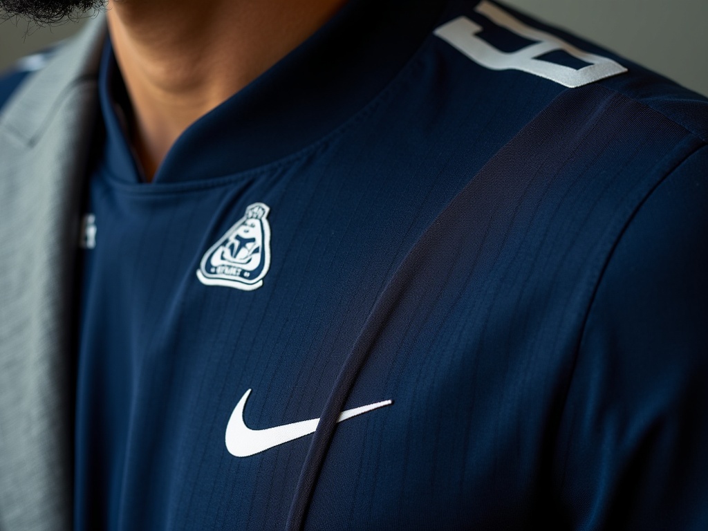 Détail d'un maillot de foot navy porté sous un blazer gris clair pour une tenue de soirée structurée
