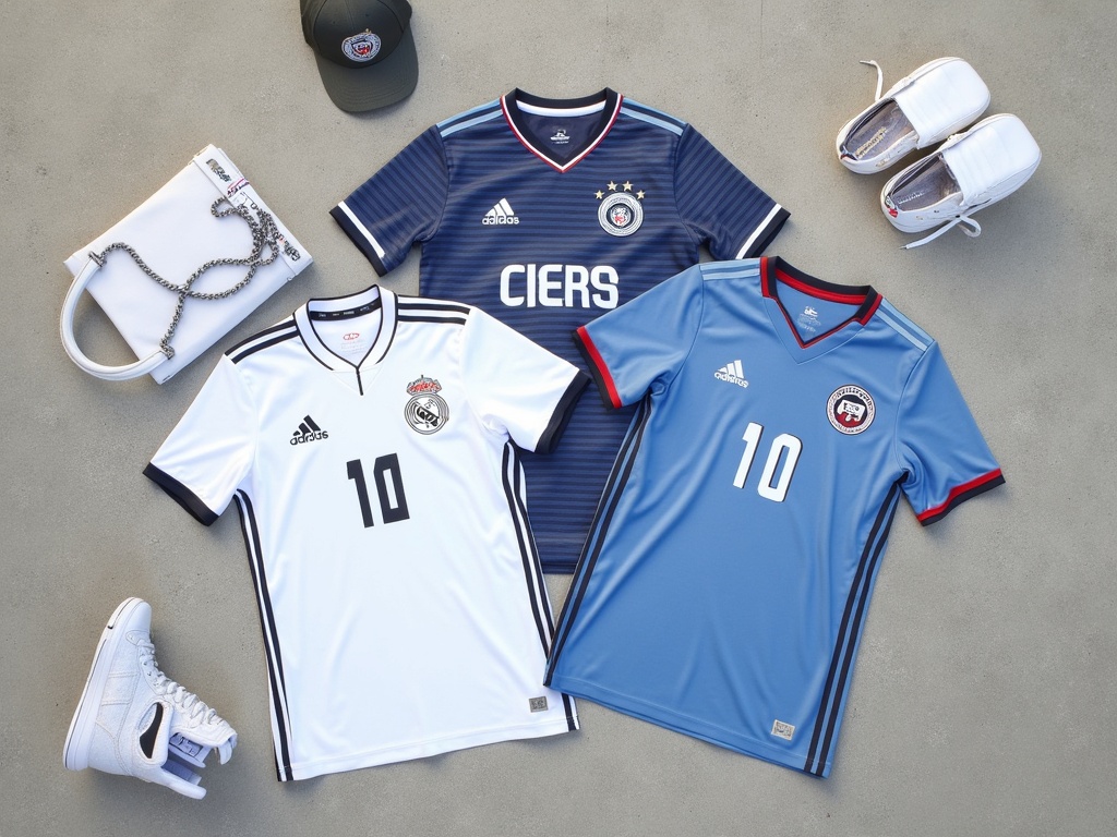 Trois maillots de foot posés à plat avec des accessoires streetwear urbains