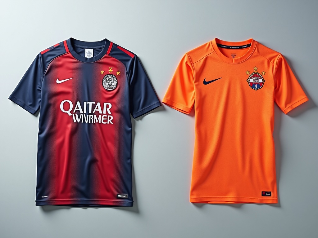 Comparaison entre un maillot de foot replica officiel et une contrefaçon, vue à plat