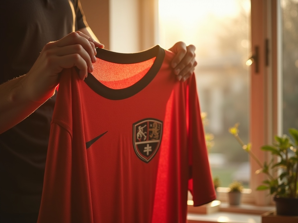 Personne inspectant la texture d'un maillot de foot replica en le tenant face à la lumière
