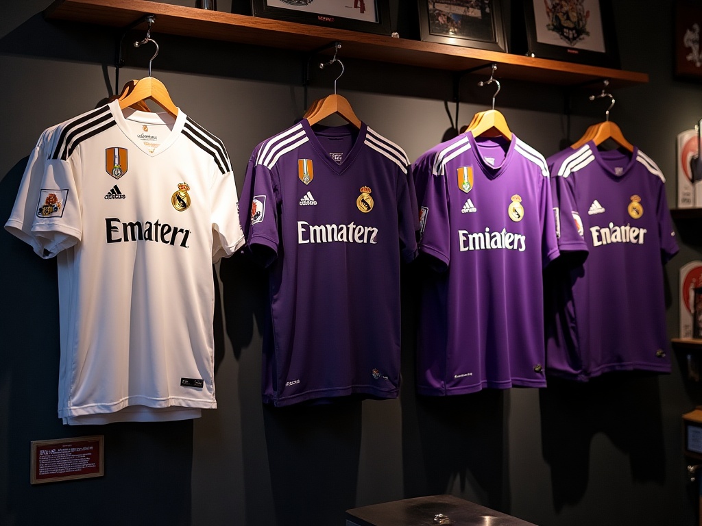 Collection de maillots Real Madrid différentes saisons dont Mbappé sur rack de boutique