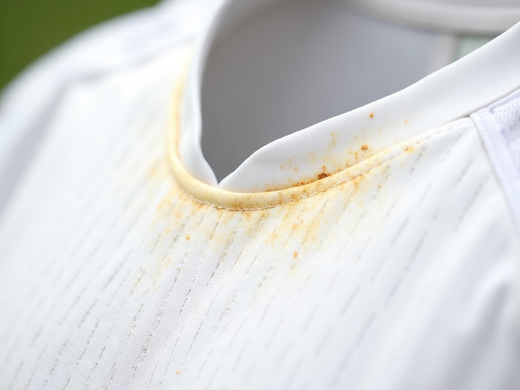 Détail d'un maillot de foot blanc avec des traces de jaunissement au niveau du col