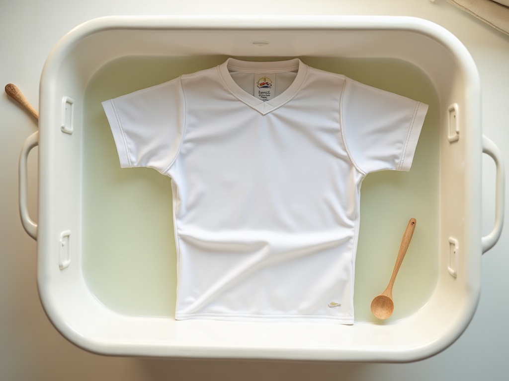 Maillot de foot blanc en train de tremper dans une solution de bicarbonate de soude