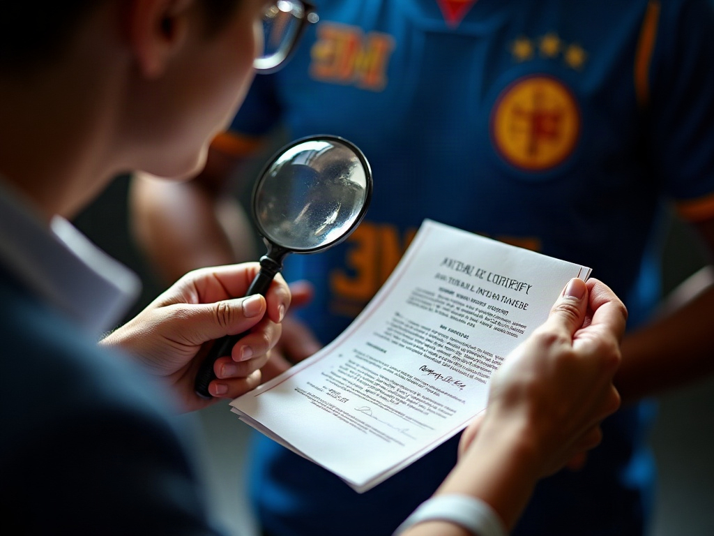Collectionneur vérifiant les détails d'un certificat d'authenticité de maillot de foot à la loupe