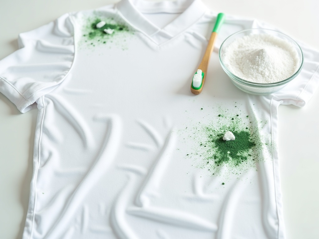 Maillot de foot blanc avec taches d'herbe et produits de détachage naturels