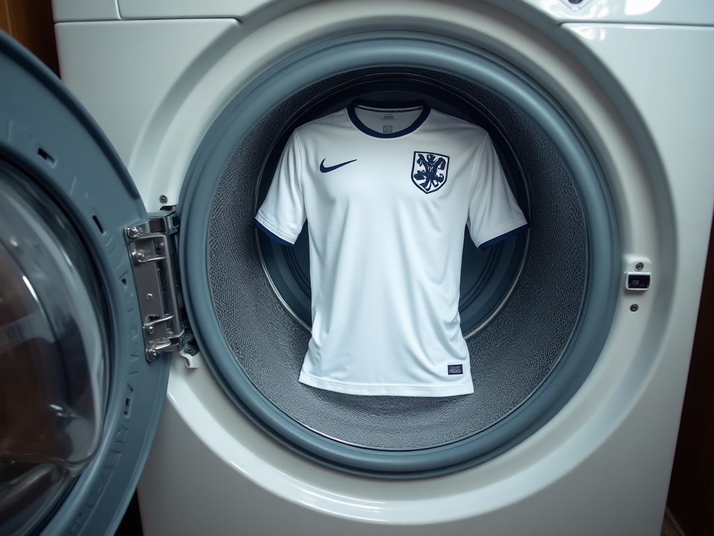 Maillot de foot blanc retourné dans un filet de lavage en machine