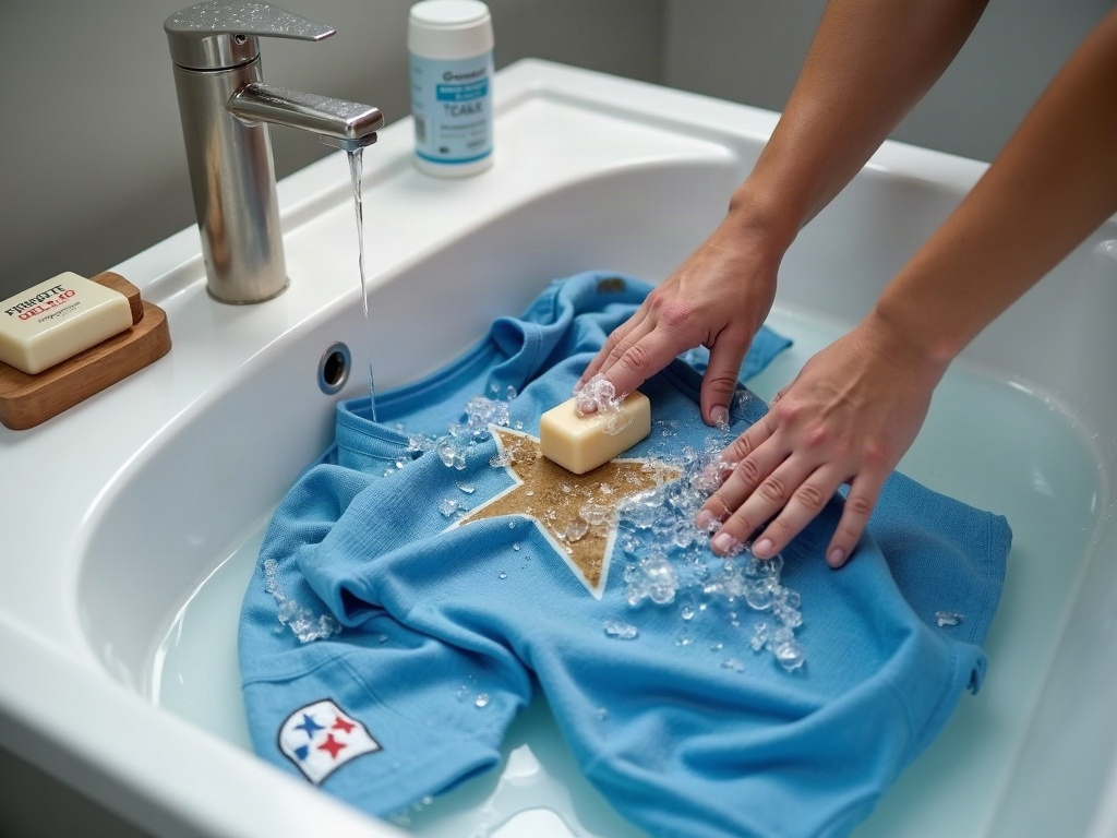 Prétraitement d'une tache de boue sur maillot de foot avec du savon de Marseille à l'eau froide