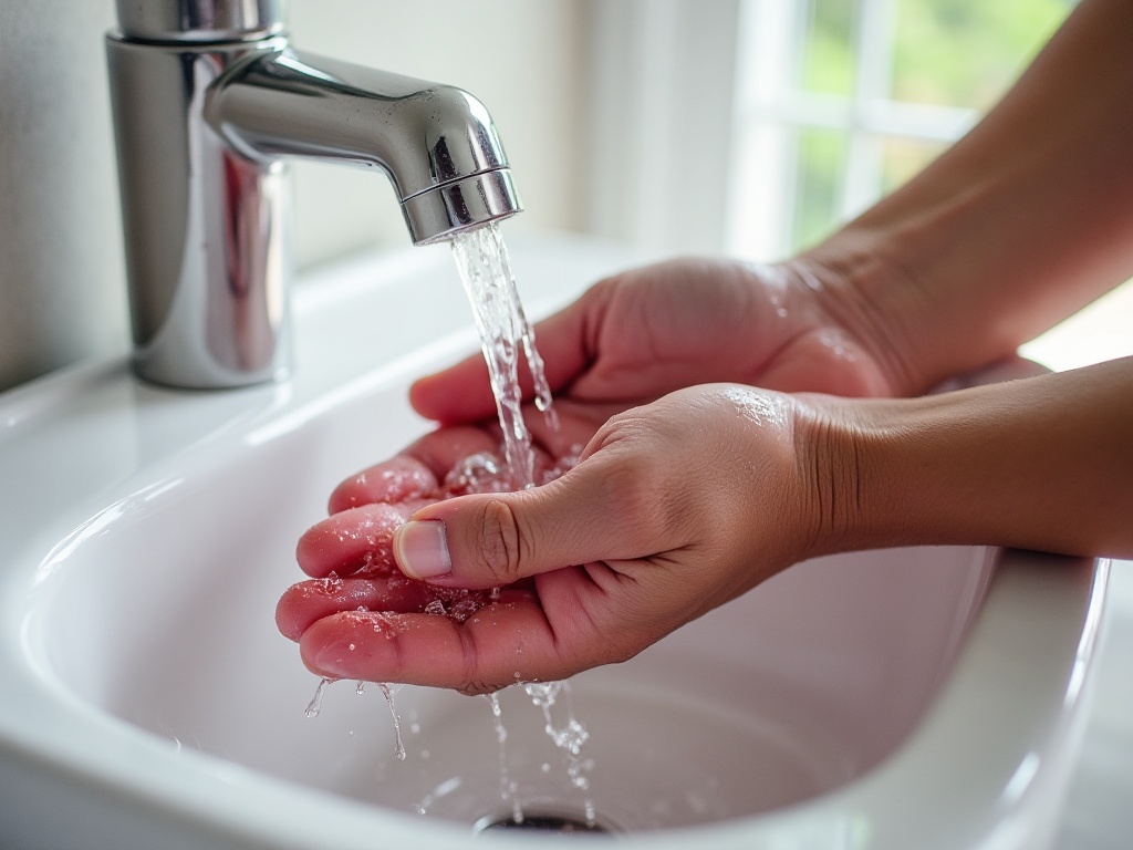 Rinçage à l'eau froide d'un maillot de foot rouge et blanc sous le robinet