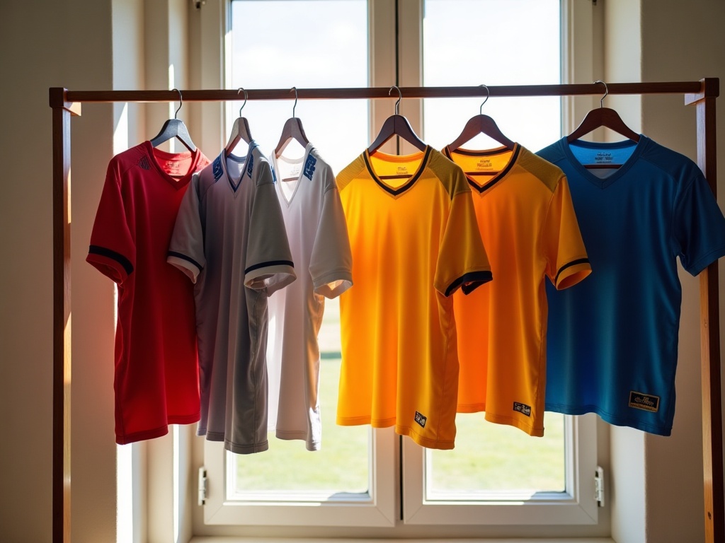 Maillots de foot suspendus sur un séchoir près d'une fenêtre ouverte pour séchage à l'air libre