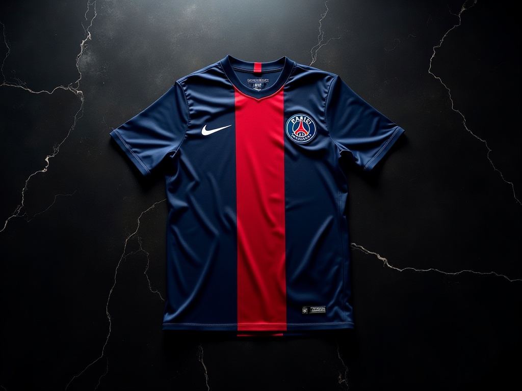 Maillot de foot PSG posé sur marbre noir en éclairage studio