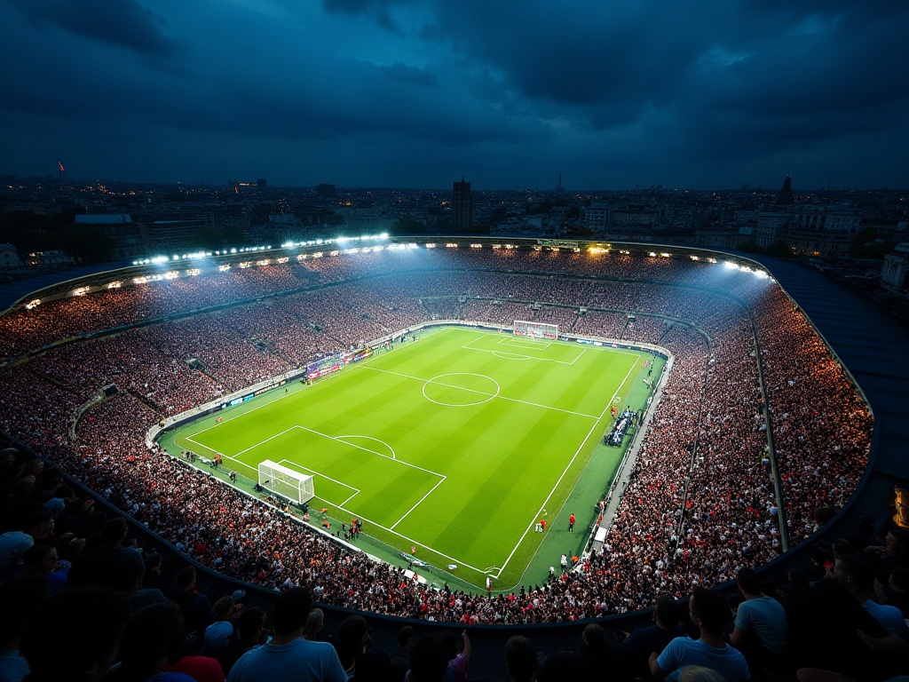 Stade de football parisien la nuit avec supporters en maillots identiques