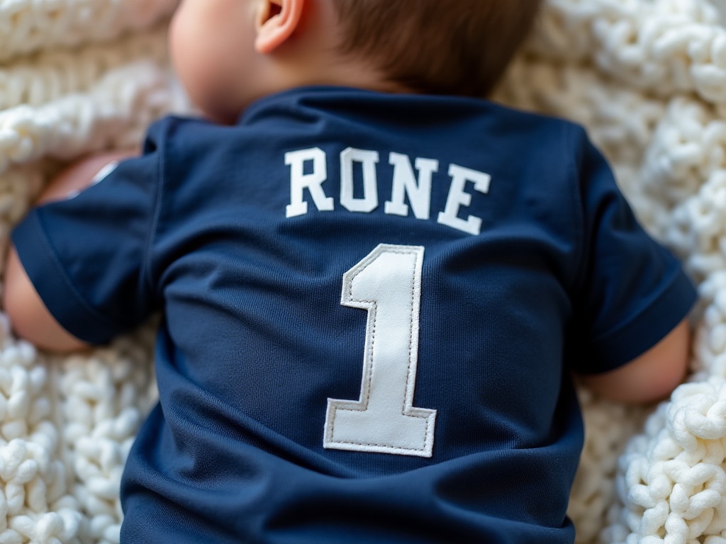 Maillot de foot bébé avec flocage prénom en lettres velours blanches sur jersey bleu marine