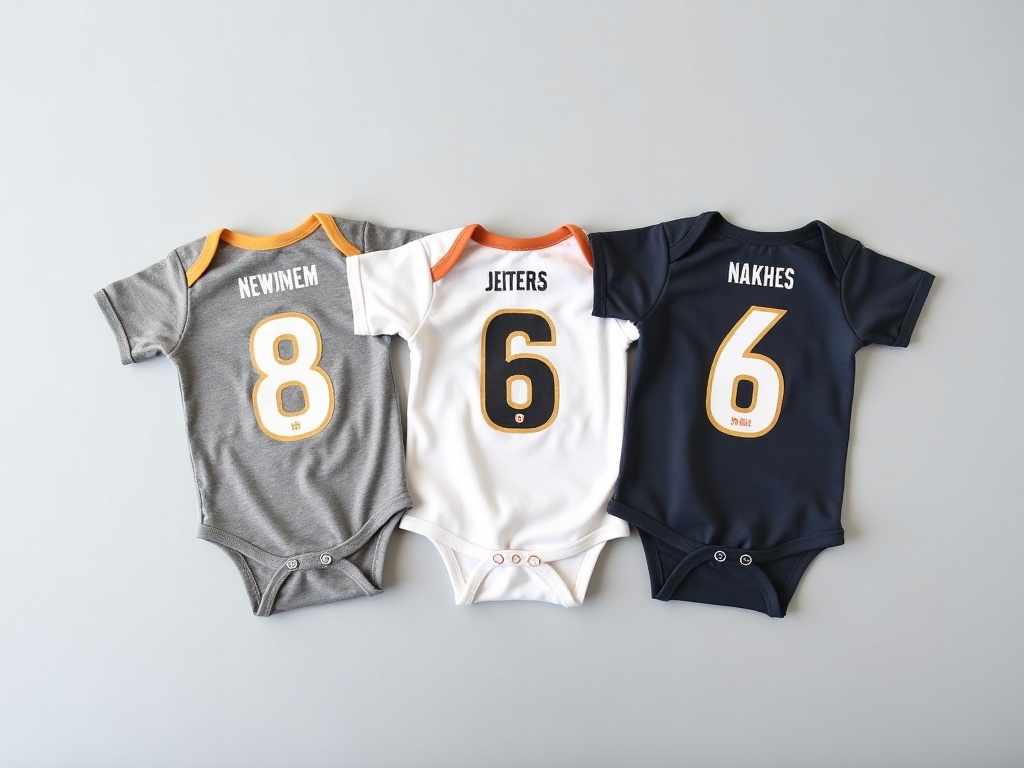 Comparaison de trois maillots de foot bébé floqués en tailles 0-3 mois, 6-12 mois et 12-24 mois