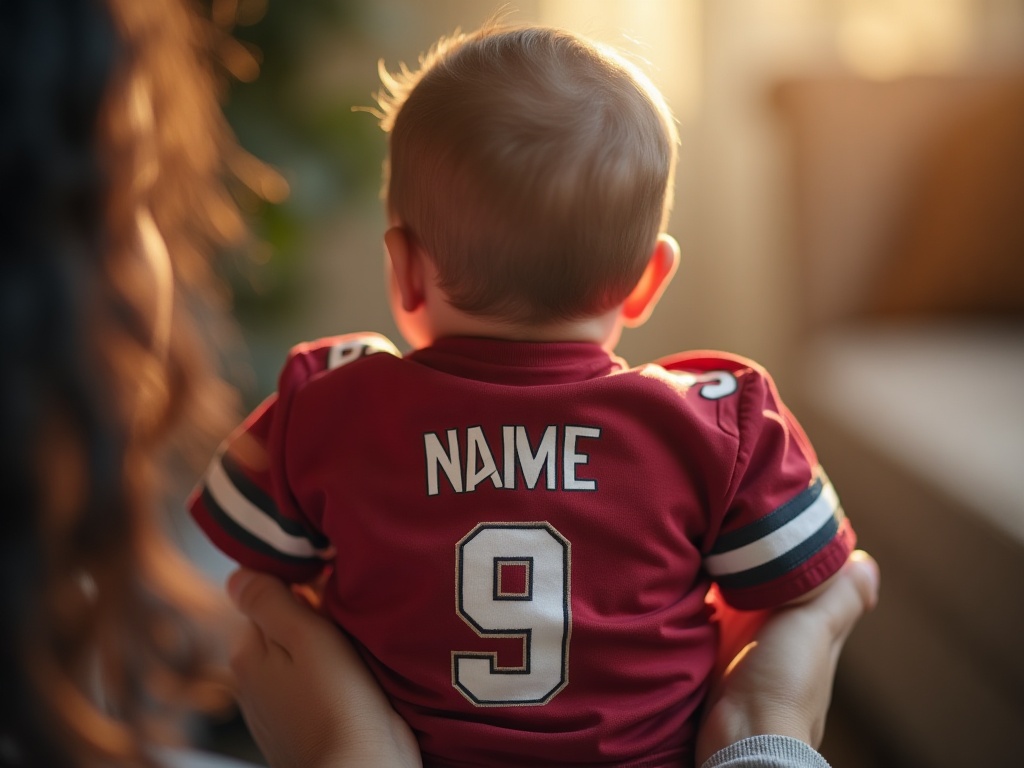 Mains tenant un maillot bébé foot personnalisé avec flocage prénom et numéro