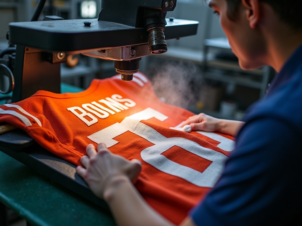 Flocage thermocollant appliqué sur un maillot de foot amateur avec une presse à chaud