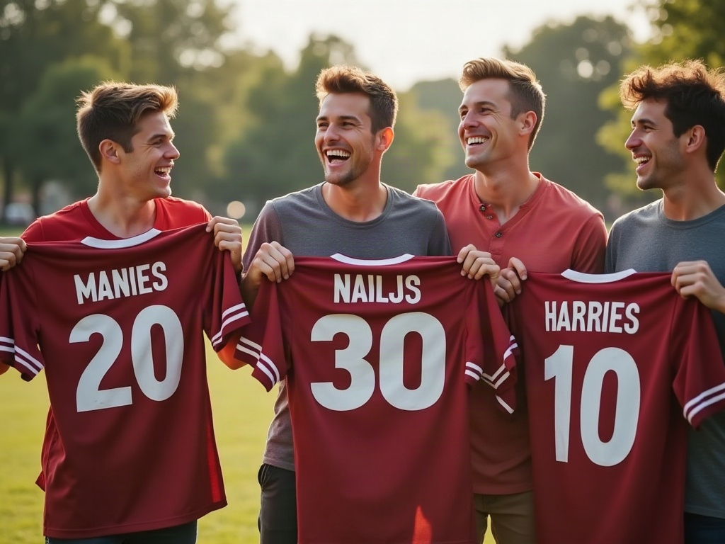 Groupe d'amis tenant leurs maillots personnalisés EVG avant de les enfiler