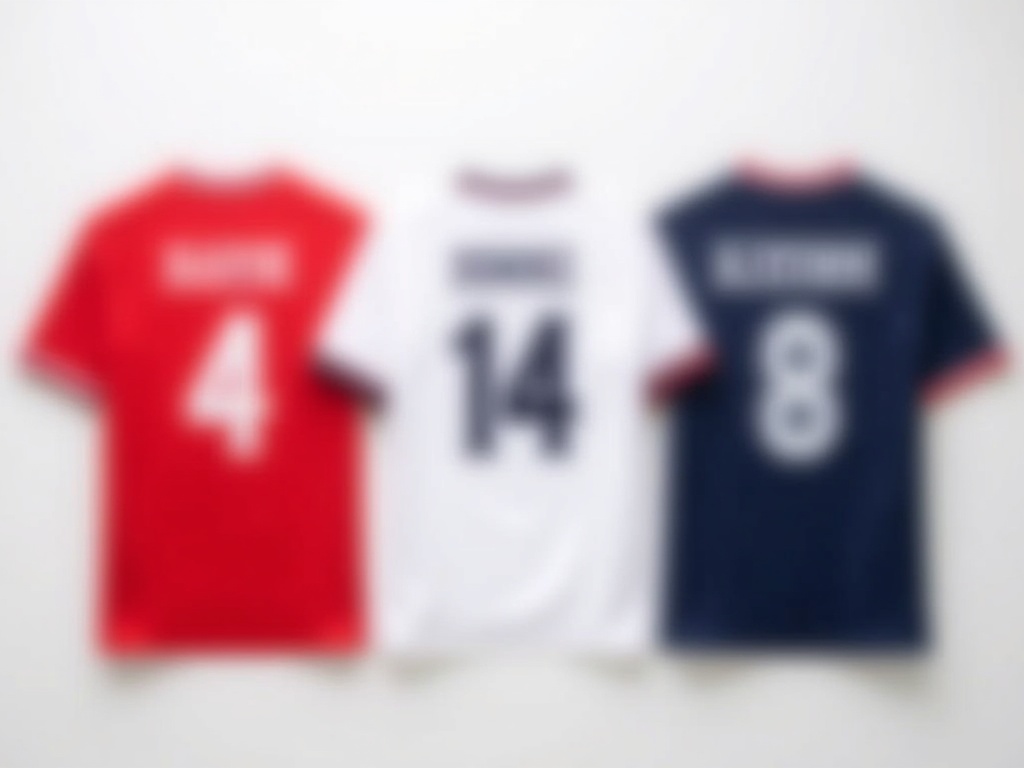 Comparaison de polices de flocage sur trois maillots de foot de couleurs différentes
