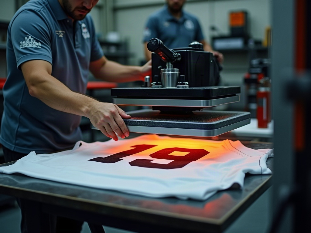 Presse à chaleur professionnelle appliquant un flocage thermocollant sur un maillot de foot blanc