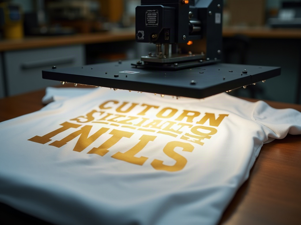 Presse thermique professionnelle appliquant un flocage vinyle or sur un maillot de foot blanc
