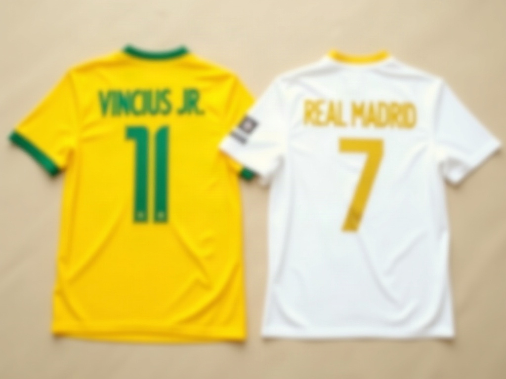 Maillot Brésil jaune numéro 11 et maillot Real Madrid blanc numéro 7 avec flocage Vinicius Jr.