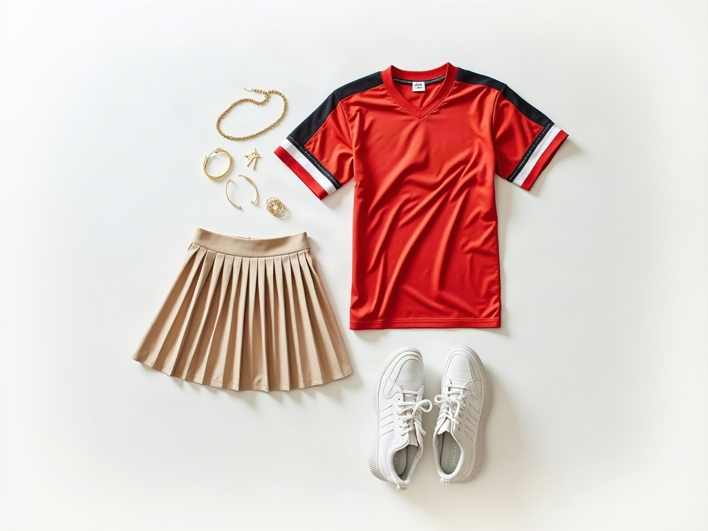 Maillot de foot posé à plat avec jupe plissée beige et sneakers blanches, look skort football 2026