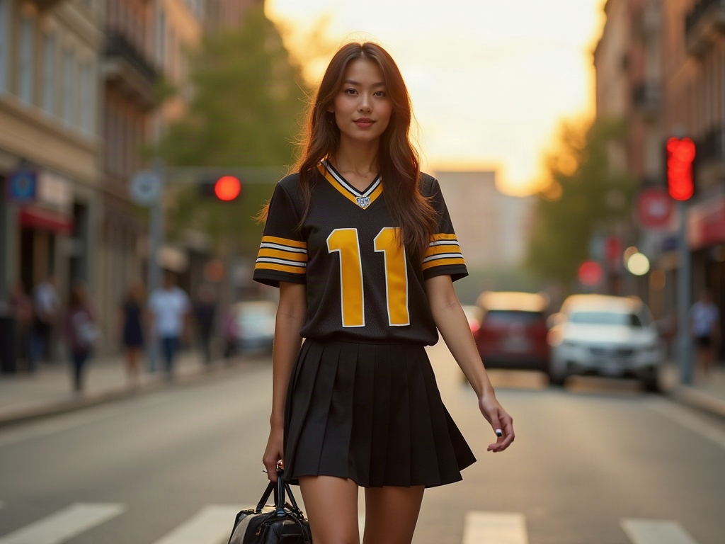 Femme portant un maillot de foot noir et jaune avec jupe courte noire et bottines plateforme en ville