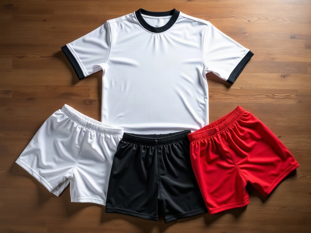 Trois shorts de foot blanc, noir et rouge posés à côté d'un maillot blanc pour illustrer les associations de couleurs