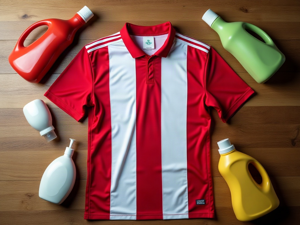 Maillot de foot rayé rouge et blanc posé à côté de plusieurs bouteilles de lessive douce pour textiles techniques