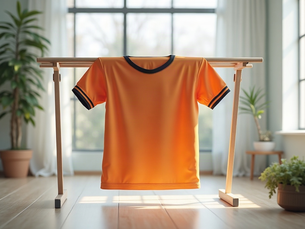 Maillot de foot étendu à plat sur un séchoir intérieur à l'ombre pour un séchage respectueux des fibres techniques