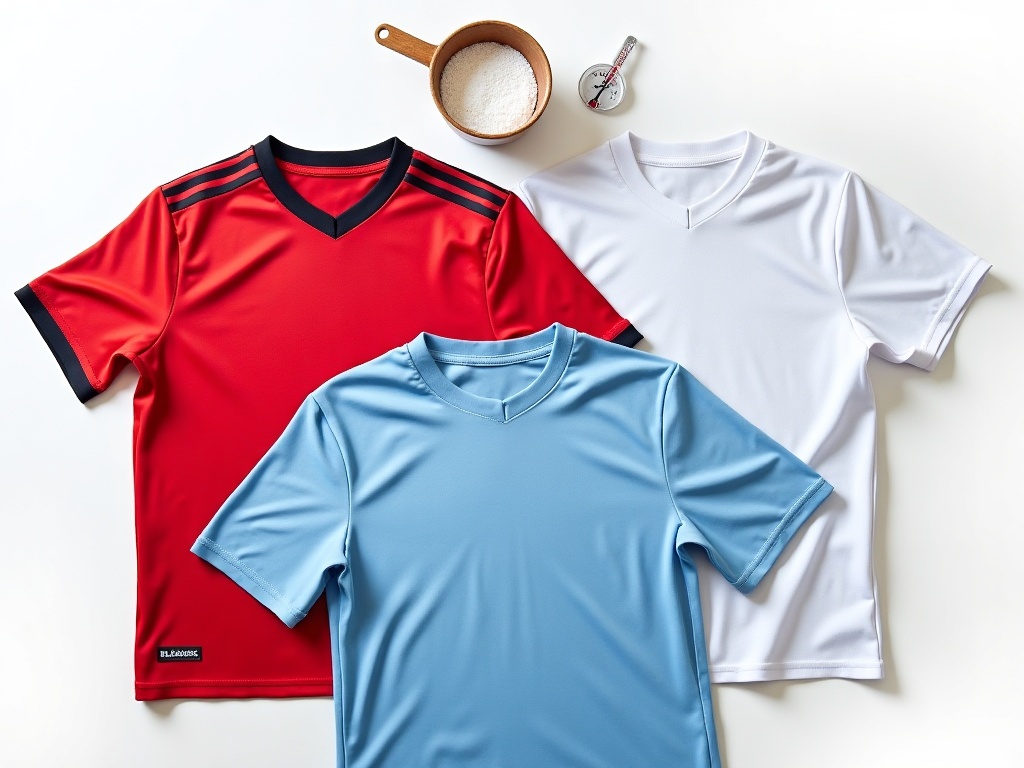 Maillots de foot posés à plat avec dosette de lessive et thermomètre à 30°C pour illustrer la bonne température de lavage