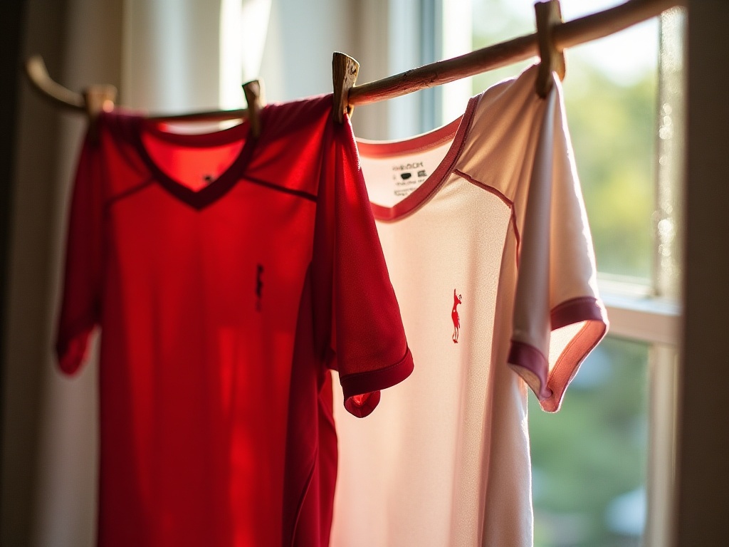 Maillots de foot qui sèchent à l'air libre sur un séchoir en bois loin du soleil direct