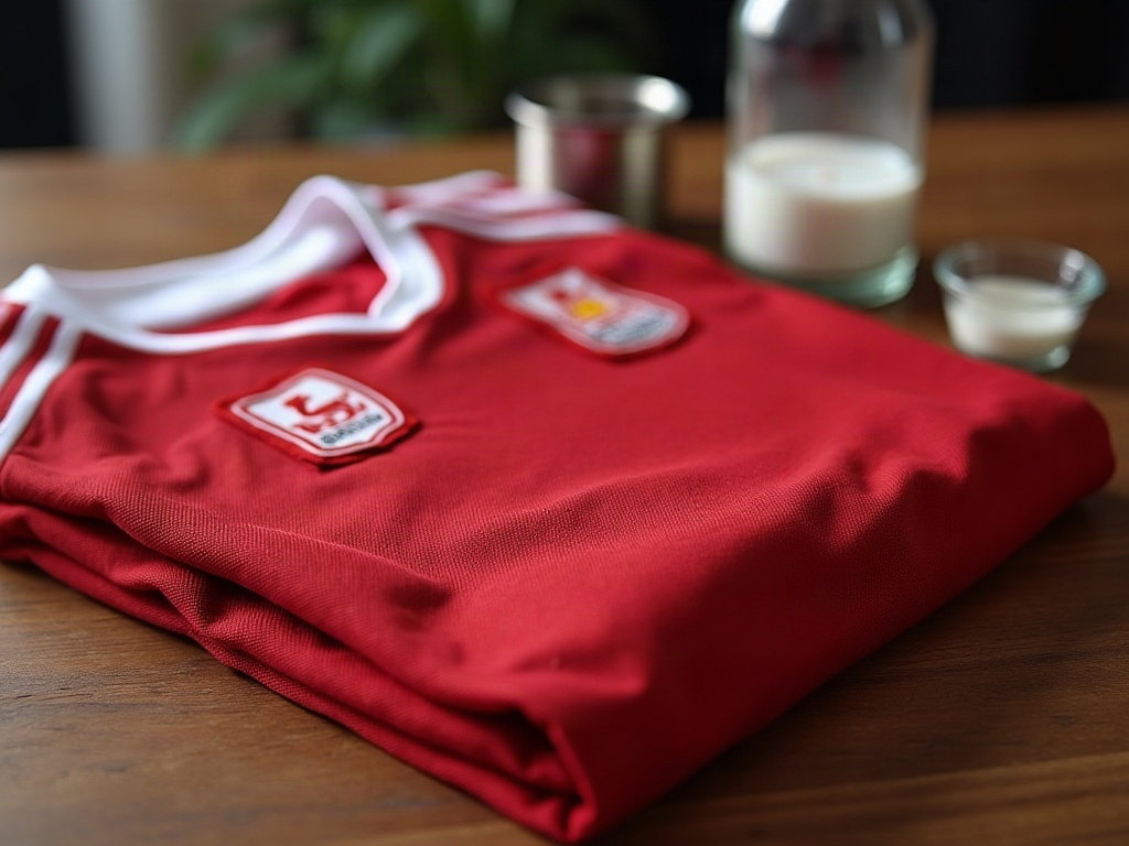 Maillot de foot rouge et blanc posé à côté d'une bouteille de vinaigre blanc sur une table en bois
