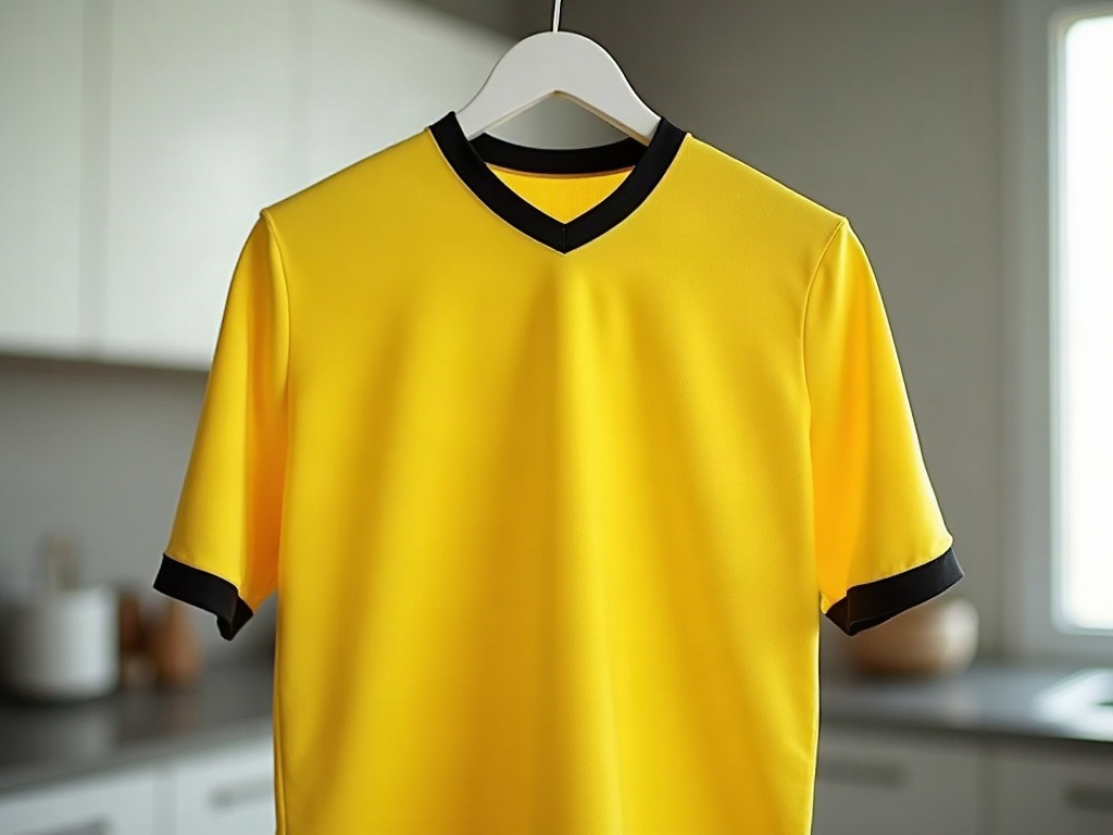Maillot de foot jaune et noir suspendu sur un cintre pour séchage à l'air libre à l'ombre